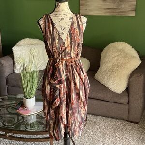 H&M Red and Brown Asymmetrical Sundress Plunge Neckline, Size 12
